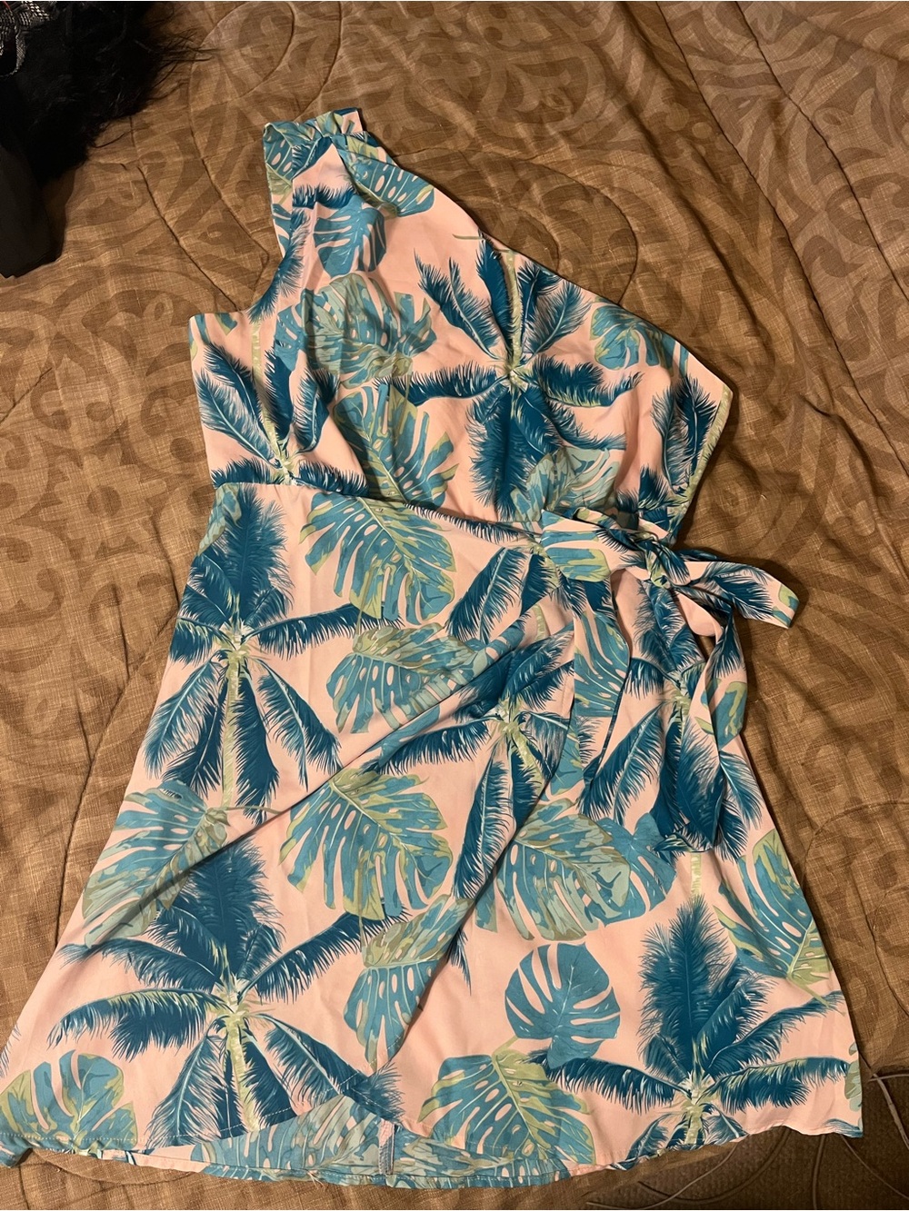 Tropical Blue Palm Print One Shoulder Dress